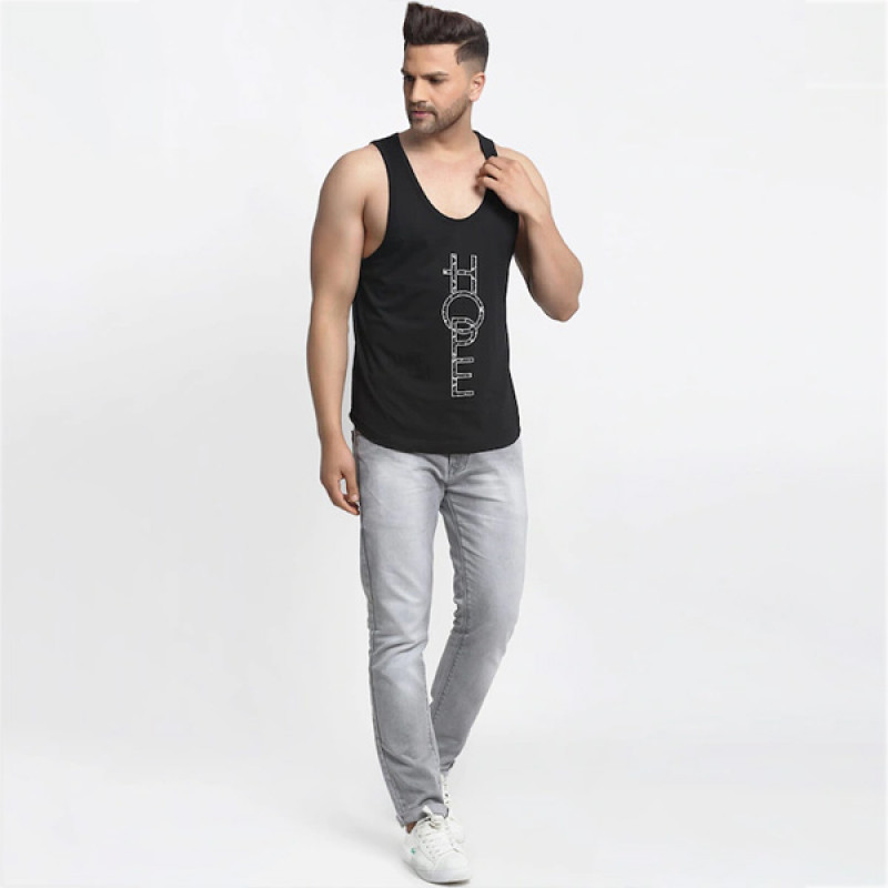 Men Black & White Printed Cotton Apple Cut Gym Vest